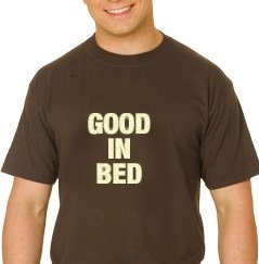 man wearing a t-shirt which reads good in bed